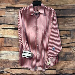 Robert Graham Shirt Mens XL Red White Stripe LS X Collection Flip Cuff Button Up